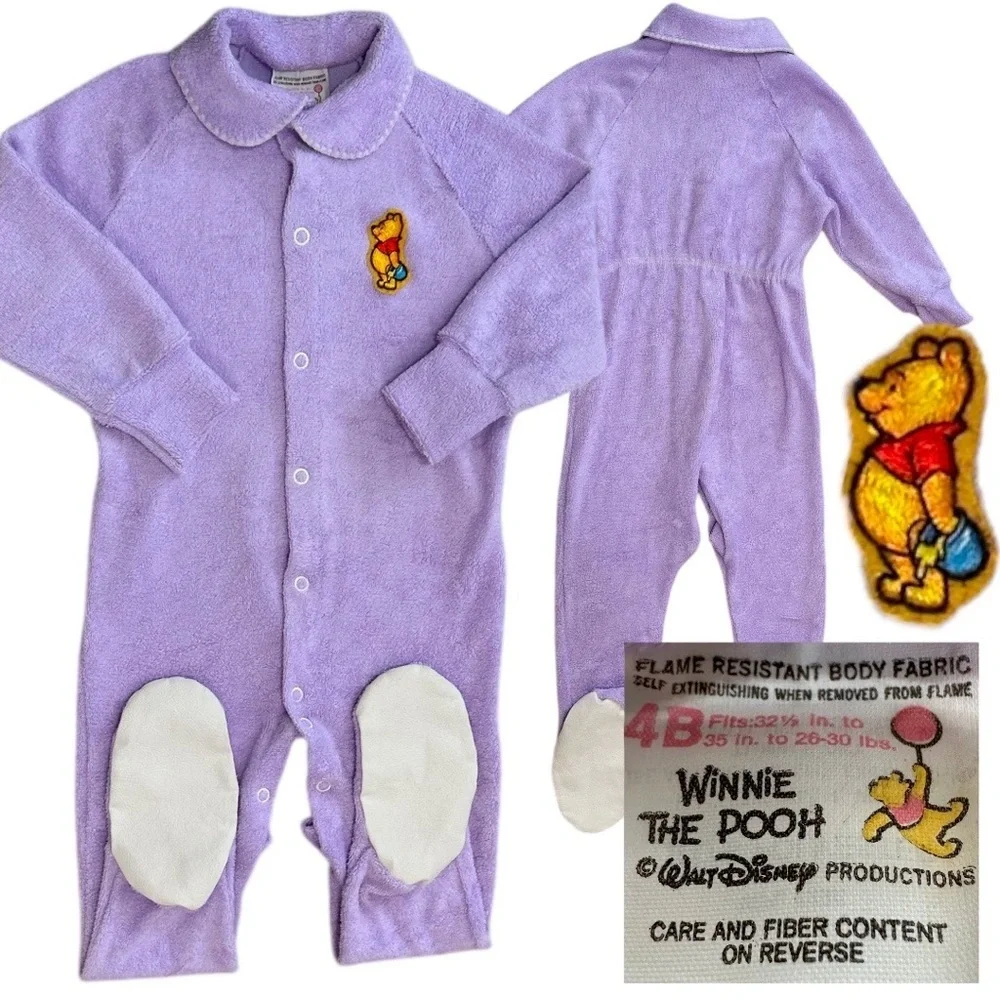 Vintage Disney Winnie Pooh Baby Girl Pajamas Lavender Button Footie Terry Cloth